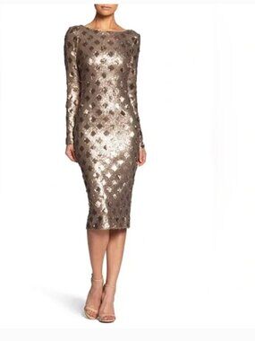 Dress the Population Emery Sequin Long Sleeve Cocktail Dress Brass Size Small